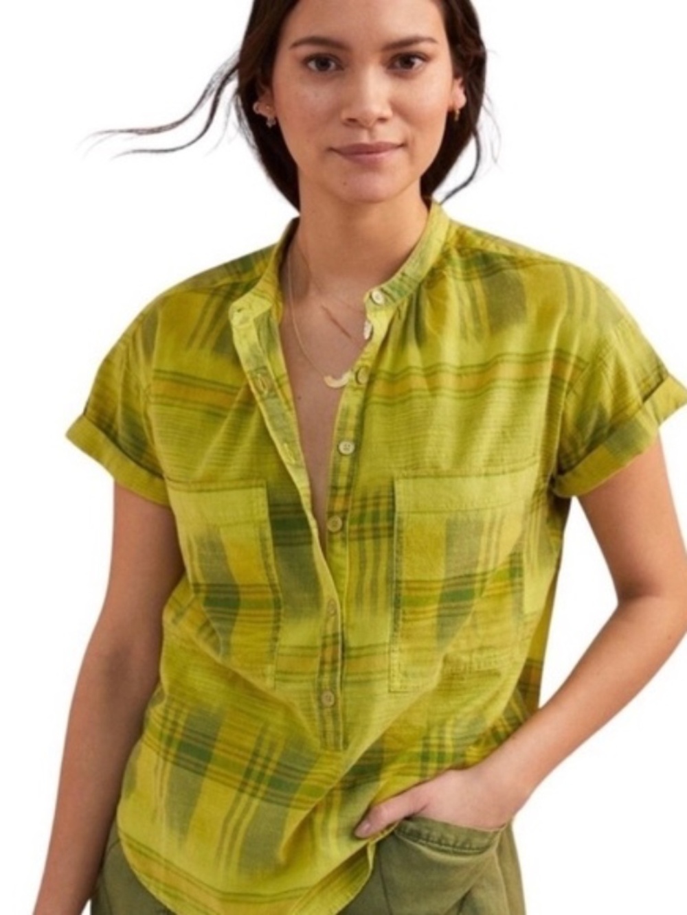 Pilcro Anthropologie Hannah Surf Plaid Popover Woven Top